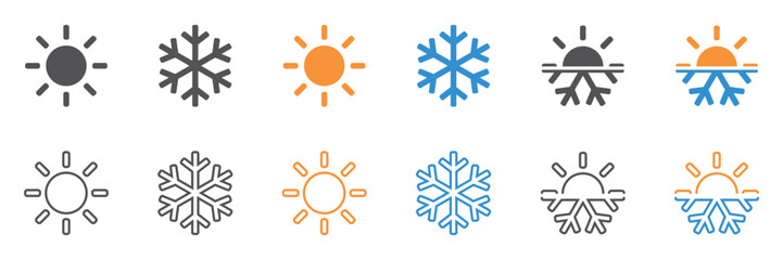 Set of hot and cold icons. Sun and snowflake symbols, season, climate control. Vector. EPS10.