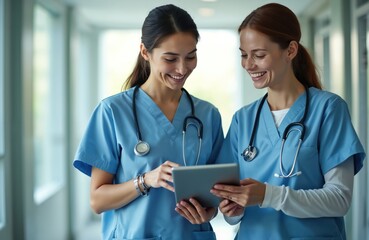 Two smiling female doctors wearing medical scrubs, stethoscopes, discussing patient notes on digital tablet in hospital. Healthcare pro teamwork, modern medicine, telemedicine concept, modern