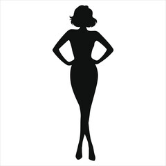 Stylish Silhouette of a Woman with Hands on Hips/A confident, full-body silhouette of a woman with hands on her hips, displayed against a plain white background.