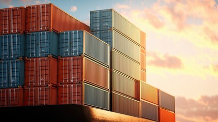 Fototapeta premium Container stacking action at shipping port cargo delivery industrial environment sunset viewpoint