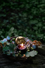 Altar for wiccan holiday. candle, moon amulet, crystals, acorns, oak leaves on tree trunk outdoor,...