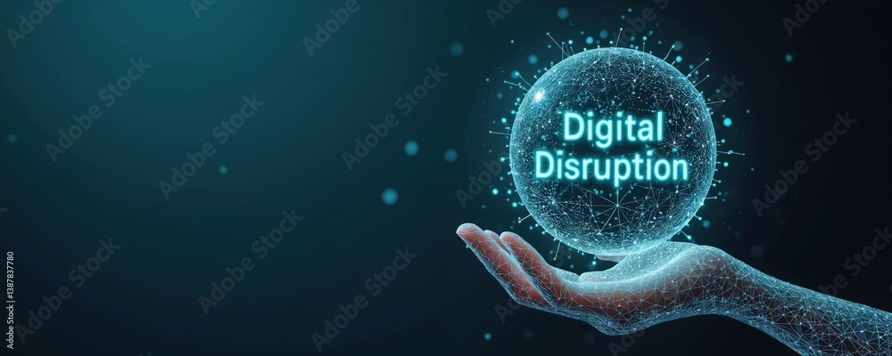 Poster digital disruption concept with hand holding glowing sphere. modern business tech transformation, in