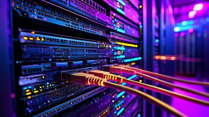 Fototapeta premium High-Tech Data Center Interior with Rack Servers and Networking Lines