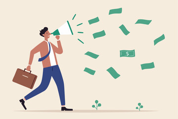 Referral marketing, investment or profit opportunity, salesman or marketing campaign promotion, financial announcement, advertising or savings concept, businessman talk on megaphone money banknotes.