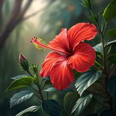 Fototapeta premium Vibrant Red Hibiscus Flower Close-Up Photo