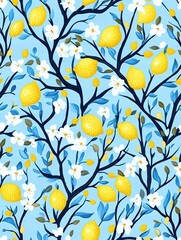 Colorful lemon tree pattern with blossoms on a blue background Generative AI