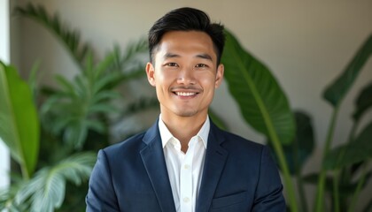 Asian man in suit smiles. Confident business professional in corporate office. Green plants, fresh background. Presentation profile photo with charisma. Young modern guy in business setting.