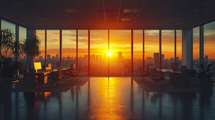 Obraz premium Corporate office with glowing windows and warm lighting at sunset