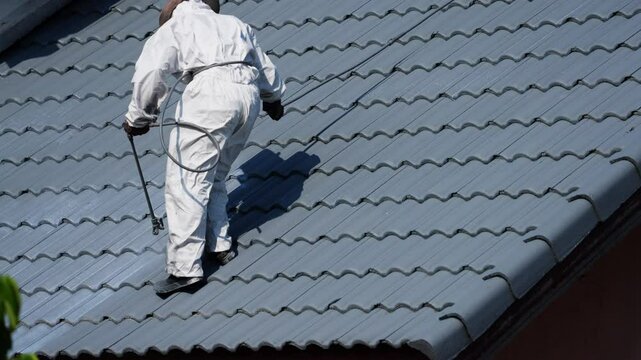 Professional painter on roof  , Workers spray paint on the roof of a house. Working at heights is dangerous.