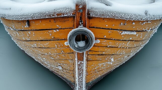 The wooden bow of a boat, dusted with snow, gently floats on serene waters, capturing the stillness of winter's chill