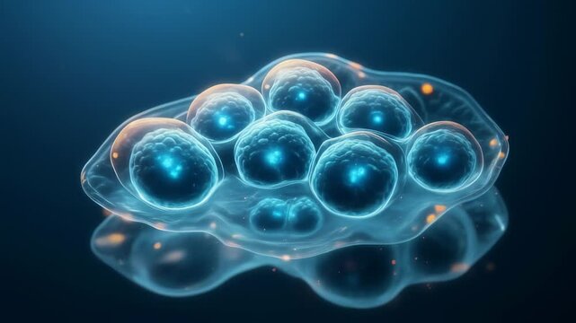 View of a stem cell in the process of division, showcasing the intricate structure and vibrant colors of cellular biology