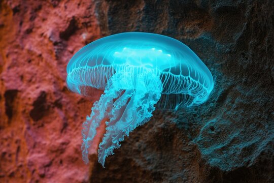 A luminous jellyfish gracefully floats near a textured underwater rock formation, showcasing its ethereal beauty.