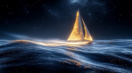A sailboat glides over glowing waves under a starry sky, creating a surreal and enchanting scene