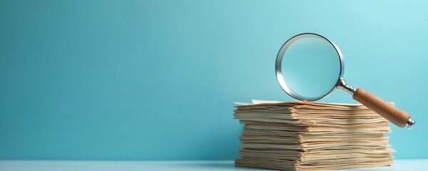 Magnifying glass over stack papers on blue backdrop. Law, restriction, policy concept. Investigation, research, analysis. Legal document scrutiny, information, data, paperwork study for exam.