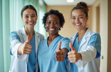 Three female healthcare professionals give thumbs up in modern hospital. Happy doctors, nurses in blue uniforms, white coats show support, approval. Teamwork, success, medical achievement concept.