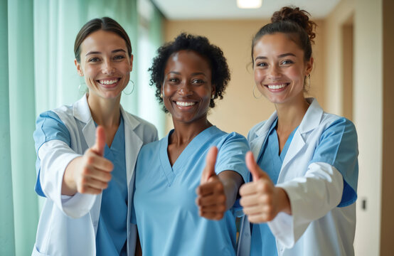 Three female healthcare professionals give thumbs up in modern hospital. Happy doctors, nurses in blue uniforms, white coats show support, approval. Teamwork, success, medical achievement concept.