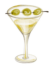 Watercolor illustration of a martini cocktail in a glass with liqueur, garnished with a green olive and toothpick. Elegant design for bar menus, party invitations, or celebration greeting cards.