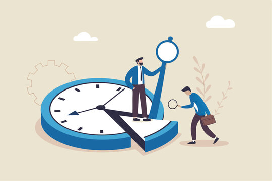 Time or attendance tracking system, analyze work efficiency in project management, productivity, workflow or effort, time spending to finish task concept, businessman cut clock in piece to analyze.