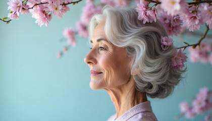 Naklejka premium Portrait of senior woman with silver hair framed by blooming cherry blossoms. Graceful aging, serene expression, embodying wellness. Gentle light, soft colors, peaceful atmosphere natural beauty,