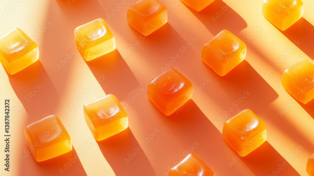Poster Orange gelatin cubes arranged in rows on a peach background, illuminated by sunlight creating shadows.