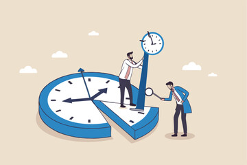 Time or attendance tracking system, analyze work efficiency in project management, productivity, workflow or effort, time spending to finish task concept, businessman cut clock in piece to analyze.