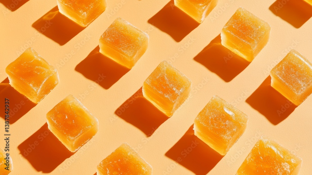Poster Top view of arranged translucent orange cube-shaped jellies on a peach background with shadows.