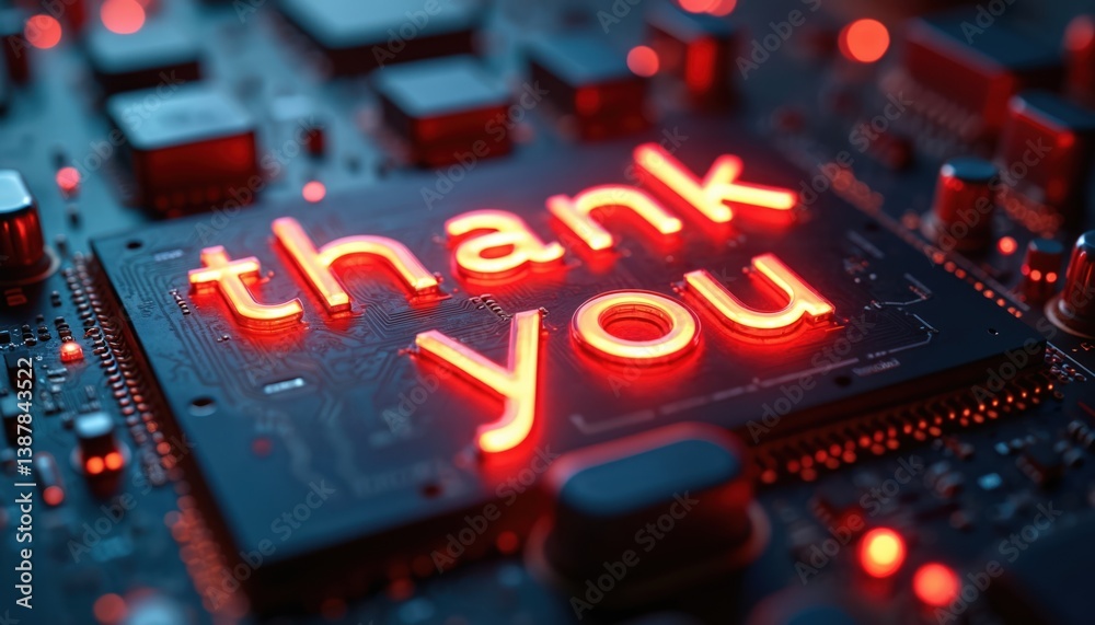 Leinwandbilder glowing neon thank you text on tech computer circuit board. high-tech digital art for business or we