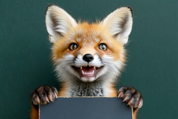 Obraz premium Cute poster mockup shot. Isolated baby animal on a solid uniform green background. Cute baby animal fox hold in front paws a prototype - large dark black zoo sign. Pet with marketing sign.