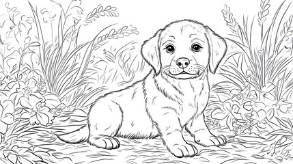 Fototapeta premium Cute puppy drawing in nature, coloring page