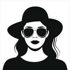 Stylish Woman in a Wide-brimmed Hat and Sunglasses - Black and White Silhouette/A striking black and white silhouette of a woman wearing a wide-brimmed hat and aviator sunglasses.