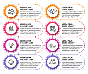 Infographic template with icons and 8 options or 8 steps. Can be used for workflow layout, diagram, timeline, banner, webdesign, business report, presentation. Vector illustration.