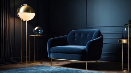 A stylish room with a dark blue velvet armchair featuring a cushion