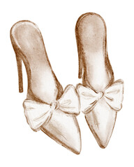 Watercolor illustration of elegant bridal shoes with bow. Artistic sketch of stylish heels, perfect for weddings, fashion, and branding. Ideal for invitations, gift cards, and trendy mood boards.
