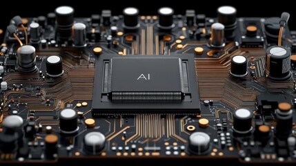 Close-up View of Circuit Board Featuring AI Microchip Technology