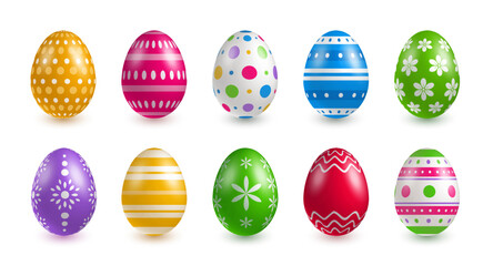 Set of Easter Eggs. Red, green, yellow, blue, white ornamental eggs. Easter eggs in different colors decorated with patterns isolated on white background