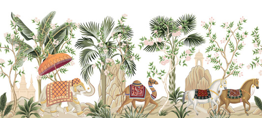 Vintage botanical palm tree, Indian elephant, camel, horses animal, floral tree, mountain, architecture seamless border. Exotic mural.