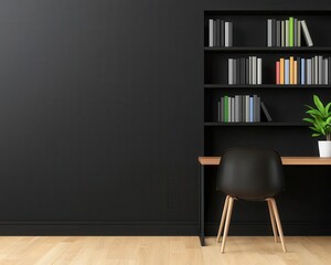 An elegant libraryoffice with a builtin bookshelf wall, a modern desk, and minimalist decor for a polished, stylish feel