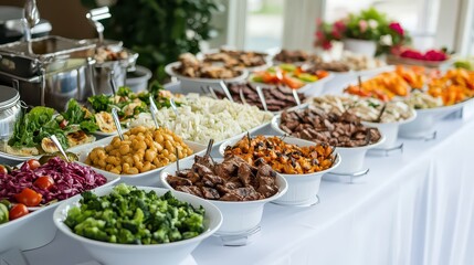 A buffet-style lunch with fresh salads, grilled meats, and side dishes on a white table.