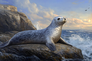 A Tranquil Zalophus Ponders at Dusk on the Rocky Shorescape of Endless Horizons