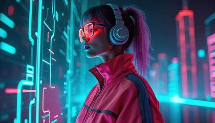 Stylish girl in cyberpunk glasses and 80s tracksuit with headphones. Female model portrait in neon lights. Futuristic aesthetic, vaporwave vibes on dark background, listening music in headphones.