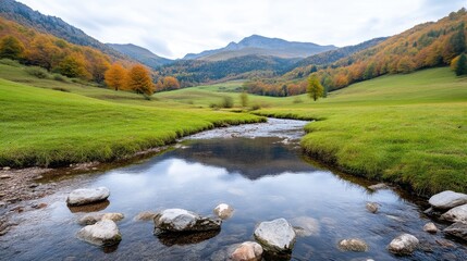 A calm stream meanders through a verdant valley, reflecting the autumnal hills. Rocks line its banks. The image boasts high quality and resolution, with natural lighting. Its serene style evokes tr
