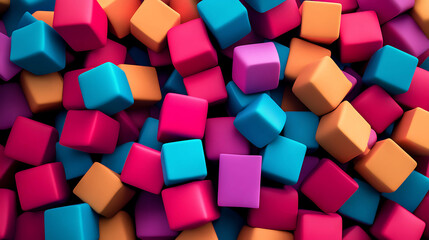 Colorful 3D render of stacked cubes in blue, orange, pink, and purple.