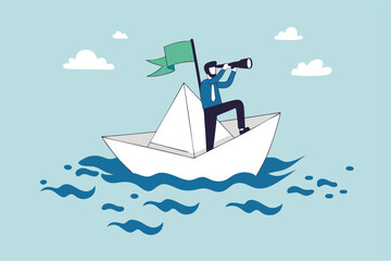 Exploration searching for new career opportunity, binocular vision to see future, look for journey, direction or guidance to success, businessman look through binocular to see sailing ship direction.