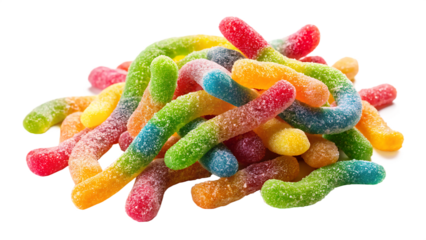  Falling sour gummy worms  isolated on white background. png
