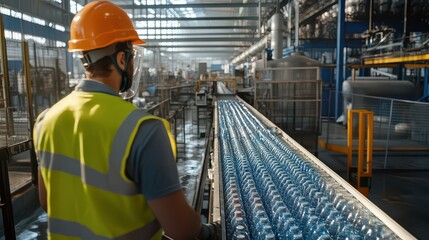 A worker in safety gear monitoring a conveyor belt carrying rows of capped water bottles in a factory.