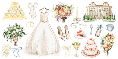 Watercolor set of wedding elements including bouquet, cake, champagne glasses, and ribbons. Hand drawn design for romantic celebration and marriage invitations. Art in soft, elegant colors. © Elena