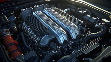 High-performance car engine with polished chrome details and intricate design
