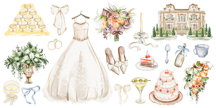 Watercolor set of wedding elements including bouquet, cake, champagne glasses, and ribbons. Hand drawn design for romantic celebration and marriage invitations. Art in soft, elegant colors.