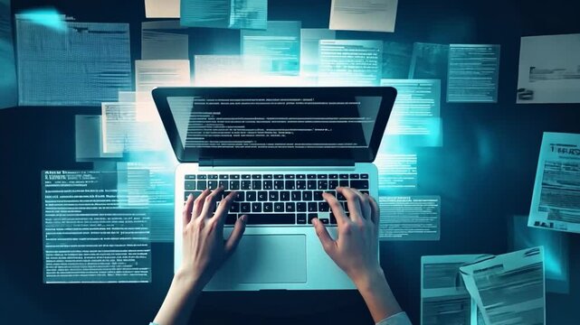 Coding Brilliance: A person's hands are expertly poised over a laptop keyboard, crafting intricate lines of code, set against a backdrop of data, visualizing the digital world's complexities.