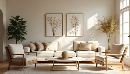 Modern farmhouse living room design. Stylish decor features elegant sofa artwork table. Cozy home interior with comfortable furniture neutral colors in the sun light.